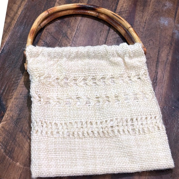 Handbags - Vintage Cream Woven Handbag with Bamboo Top Handles Boho Coastal Tote